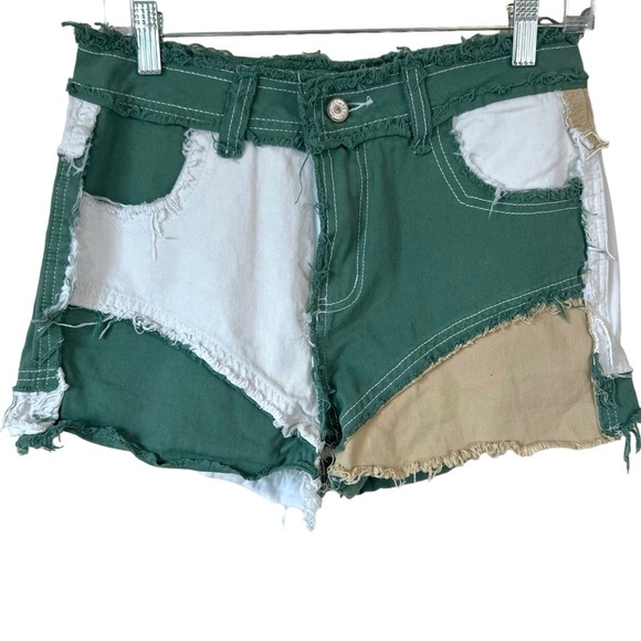 Potili High Waisted Distressed Color Block Denim Shorts - Picture 1 of 13